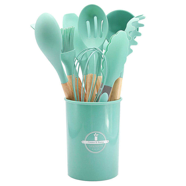 Chmadoxn 12 Pcs Silicone Cooking Kitchen Utensils Set with Holder, Wooden Handles Cooking Tool, Turner Pliers Spatula Spoon Kitchen Gadget Suit for Non-Stick Cookware, Women&