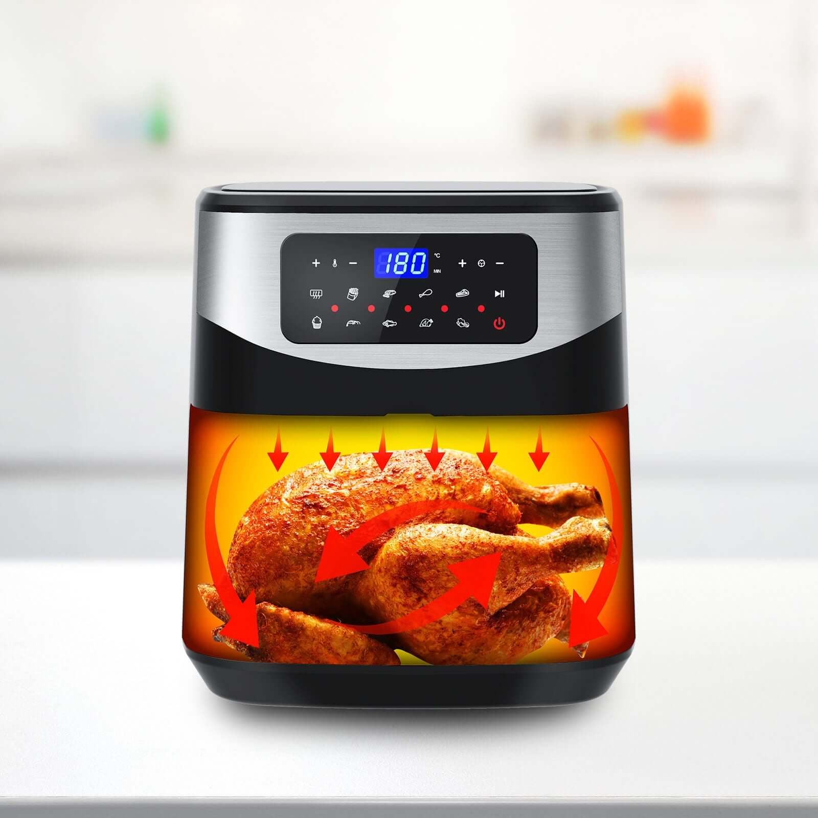12 litre digital air fryer with digital touch-screen menu and sleek stainless steel design.