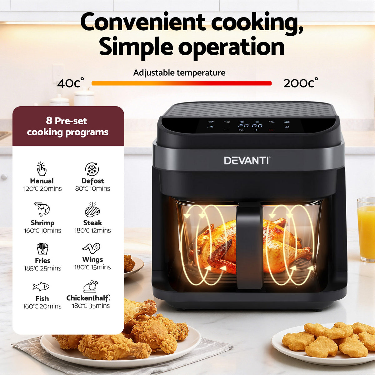 Devanti Air Fryer 5.5L Touch Control Electric Cooker 1200W Black - Flavour Fushion Cooking Shop