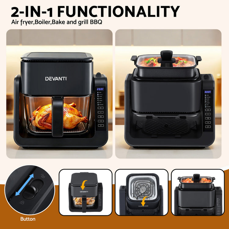 Devanti 2-IN-1 Air Fryer 5.5L Dual Zone Fryers Electric Cooker with Top BBQ Grill & Bot - Flavour Fushion Cooking Shop