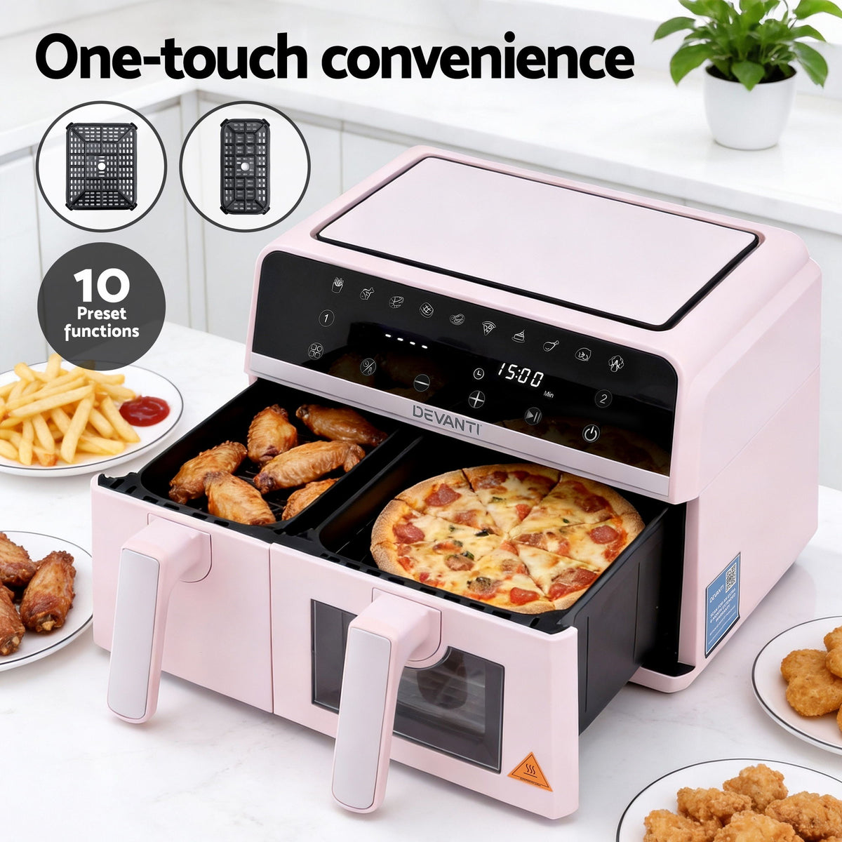 Devanti Air Fryer 9L Dual Zone Fryers 2600W Pink - Flavour Fushion Cooking Shop