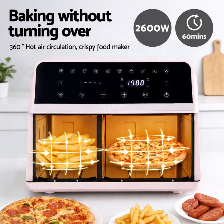 Devanti Air Fryer 9L Dual Zone Fryers 2600W Pink - Flavour Fushion Cooking Shop