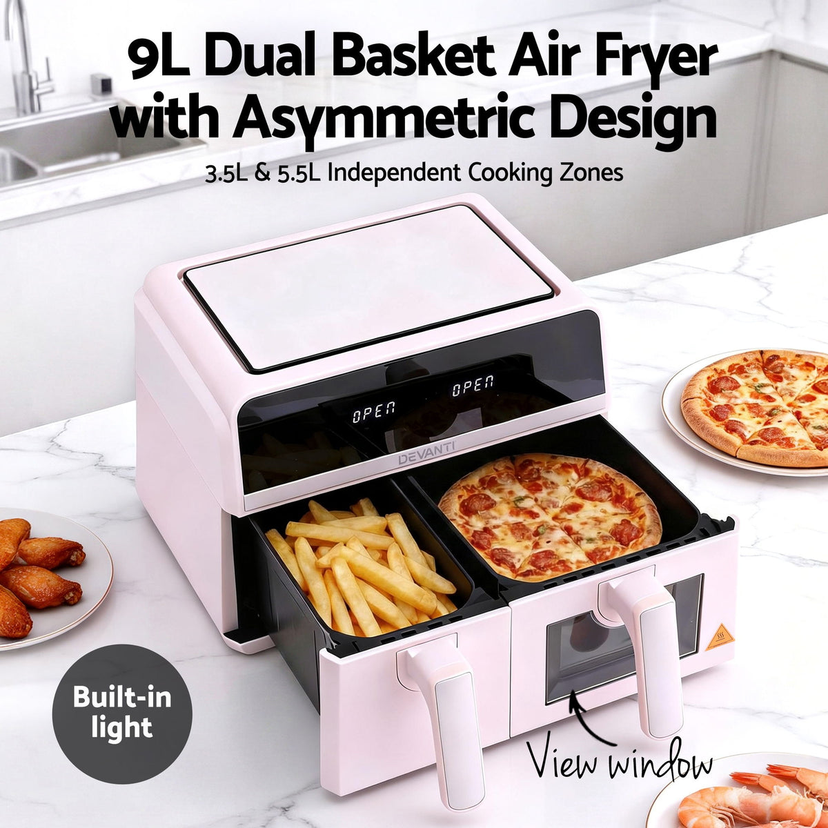 Devanti Air Fryer 9L Dual Zone Fryers 2600W Pink - Flavour Fushion Cooking Shop
