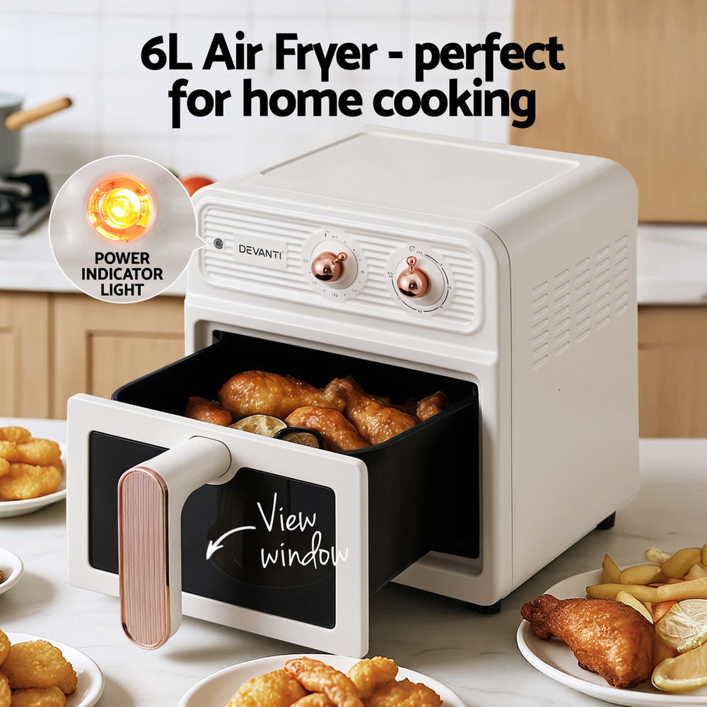 Devanti 6L Air Fryer Knob Control 1700W Cream - Flavour Fushion Cooking Shop