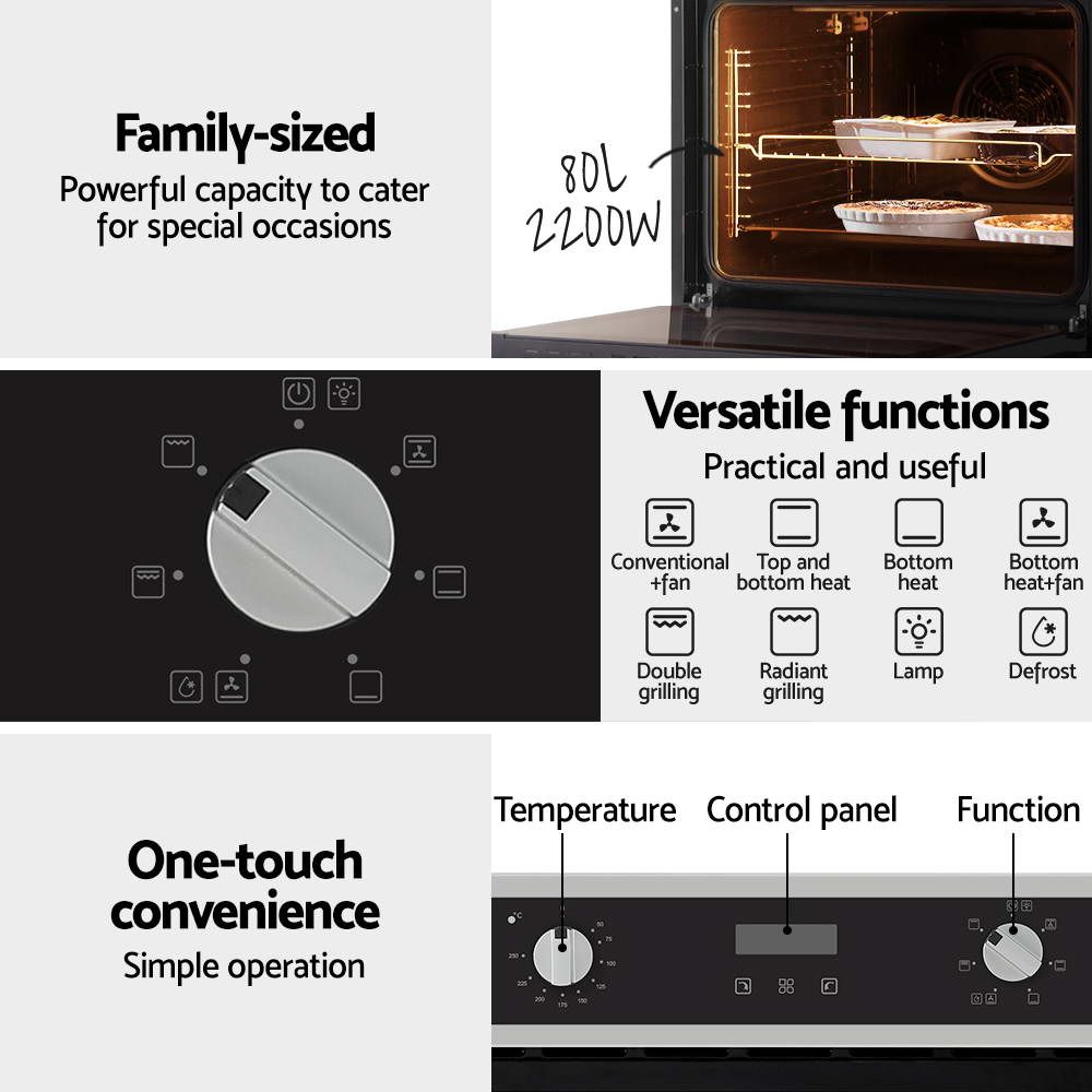 Devanti Electric Built In Wall Oven 80L Convection Grill Ovens Stainless Steel - Flavour Fushion Cooking Shop
