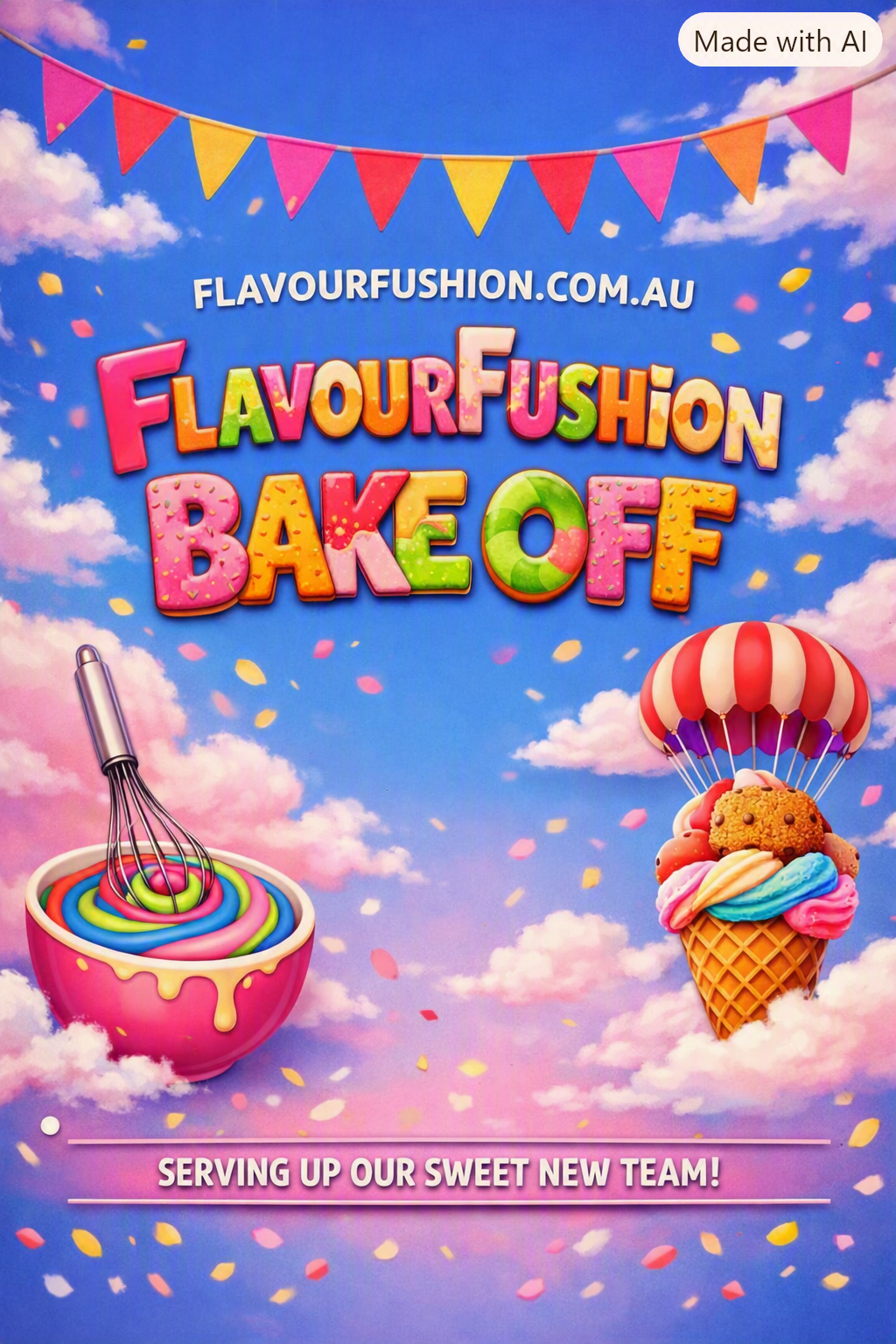 A colorful promotional graphic for the FlavourFusion Bake Off, featuring the event title in large 3D letters, a rainbow swirl in a pink bowl with a whisk, a hot air balloon-shaped ice cream cone, and the text 'Made with AI' and 'FlavourFusion.com.