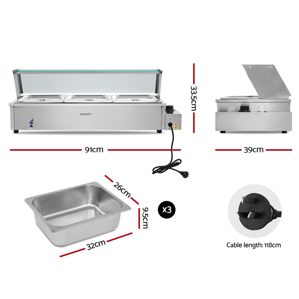Devanti Commercial Food Warmer Bain Marie 3 Electric Buffet Pans - Flavour Fushion Cooking Shop