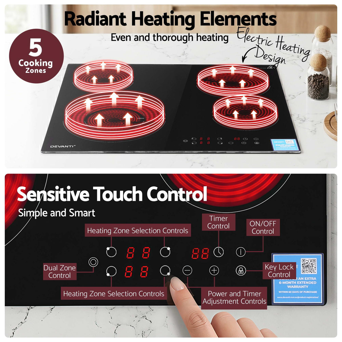 Devanti Ceramic Cooktop 5 Cooking Zone 4 Electric Hobs Touch Control 7600W Black - Flavour Fushion Cooking Shop