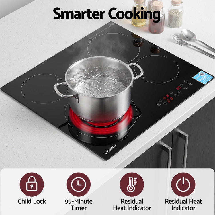 Devanti Ceramic Cooktop 5 Cooking Zone 4 Electric Hobs Touch Control 7600W Black - Flavour Fushion Cooking Shop