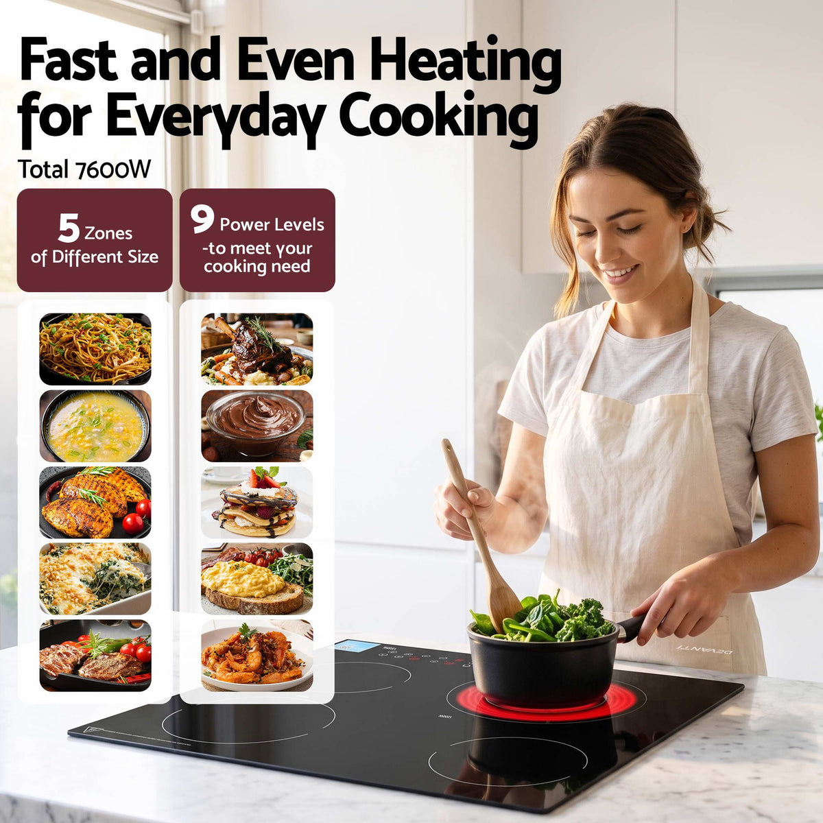 Devanti Ceramic Cooktop 5 Cooking Zone 4 Electric Hobs Touch Control 7600W Black - Flavour Fushion Cooking Shop