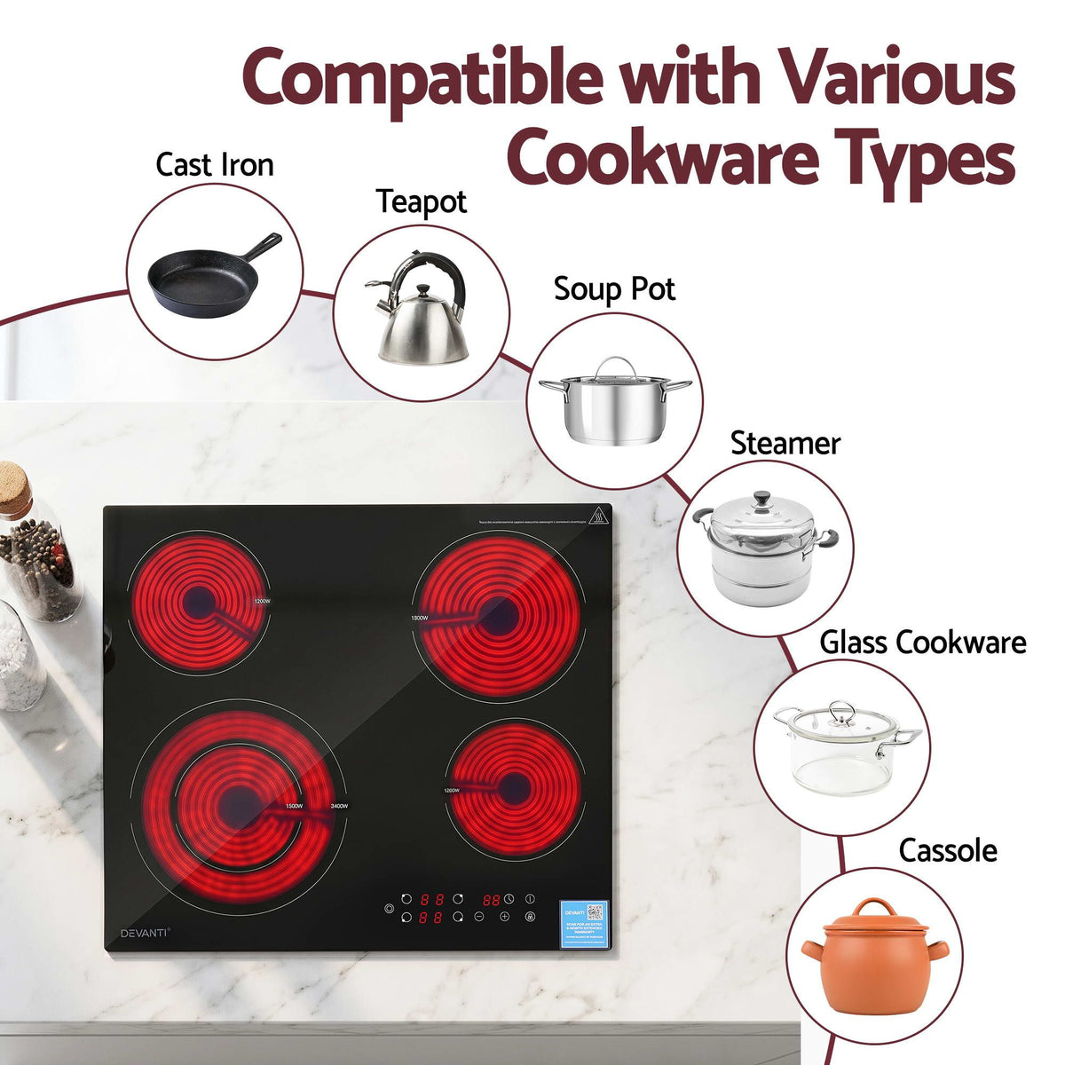 Devanti Ceramic Cooktop 5 Cooking Zone 4 Electric Hobs Touch Control 7600W Black - Flavour Fushion Cooking Shop