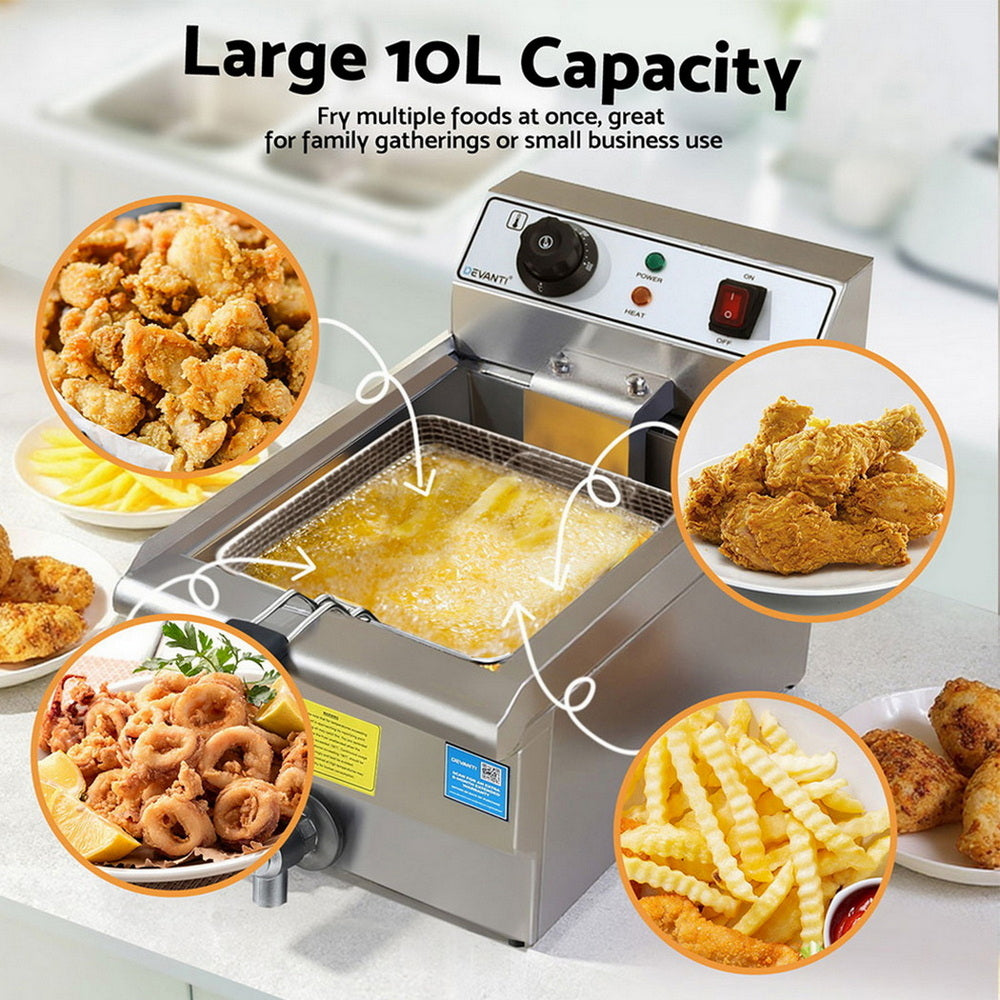 Devanti 3000W Electric Deep Fryer 10L Stainless Steel Fryer w/ Basket & Lid - Flavour Fushion Cooking Shop