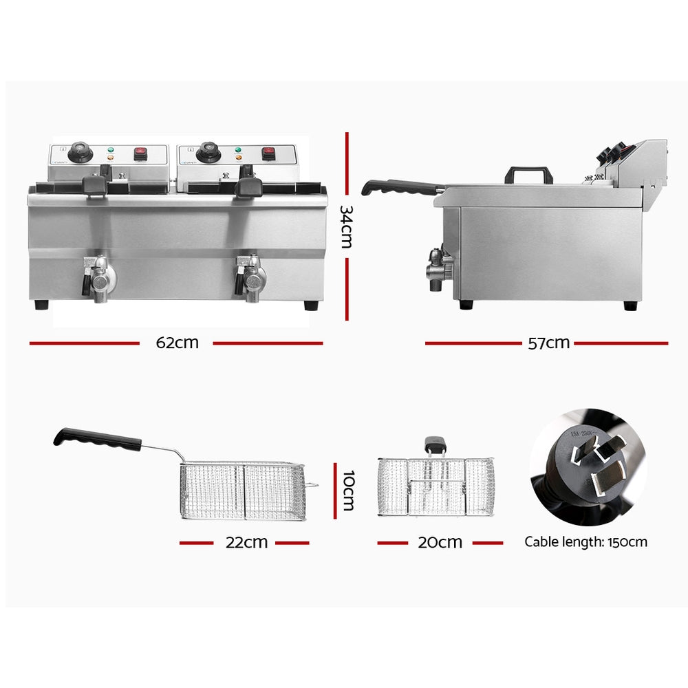Devanti 20L Electric Commercial Deep Fryer Double Baskets Oil Taps 6000W - Flavour Fushion Cooking Shop
