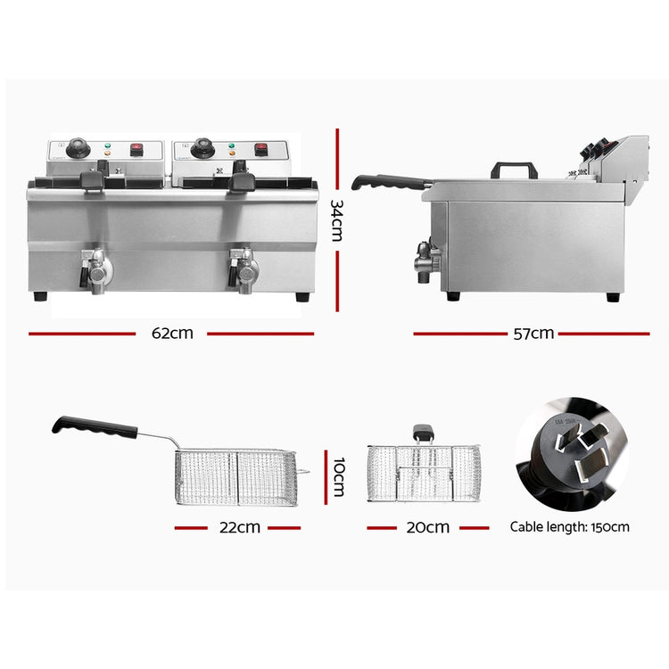Devanti 20L Electric Commercial Deep Fryer Double Baskets Oil Taps 6000W - Flavour Fushion Cooking Shop