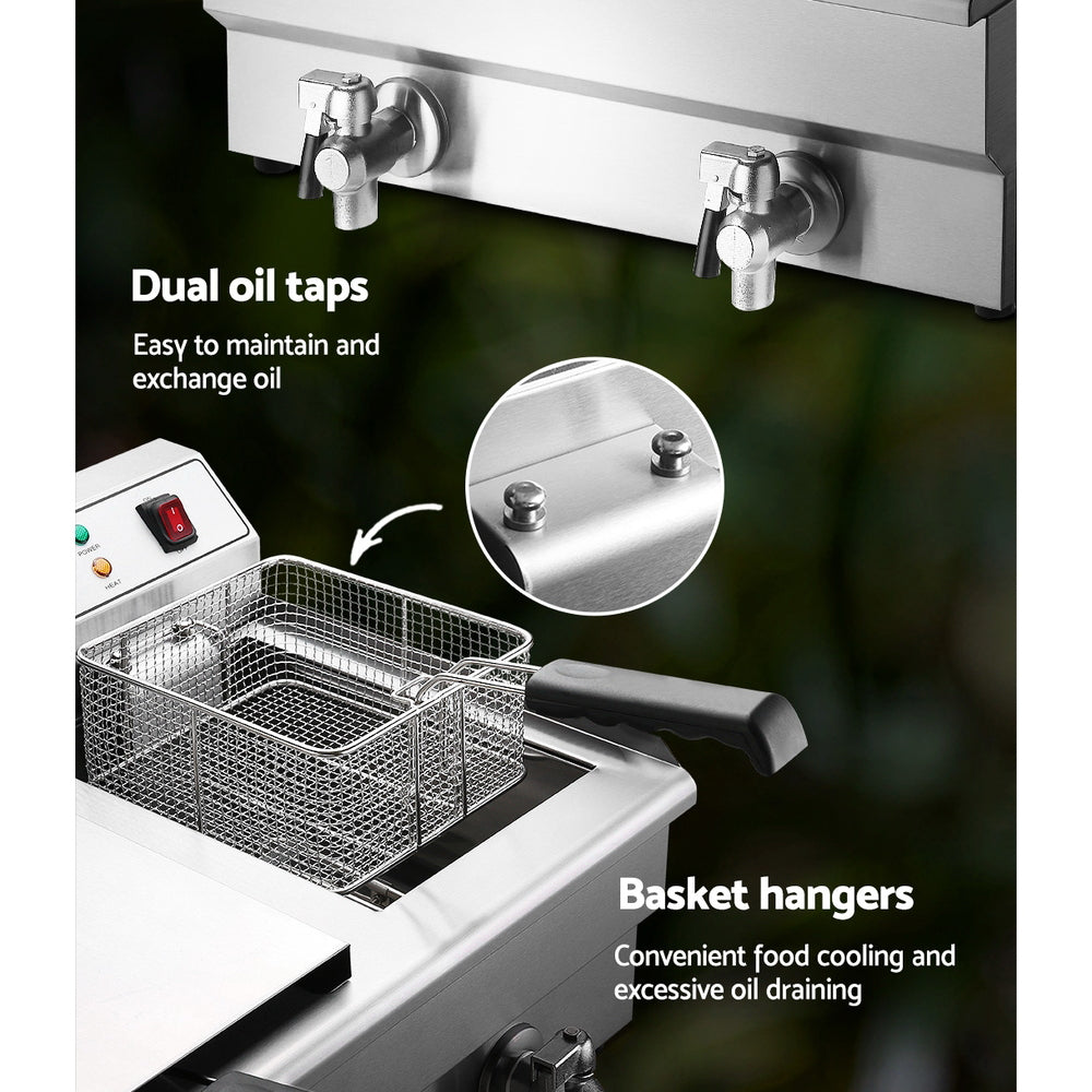 Devanti 20L Electric Commercial Deep Fryer Double Baskets Oil Taps 6000W - Flavour Fushion Cooking Shop