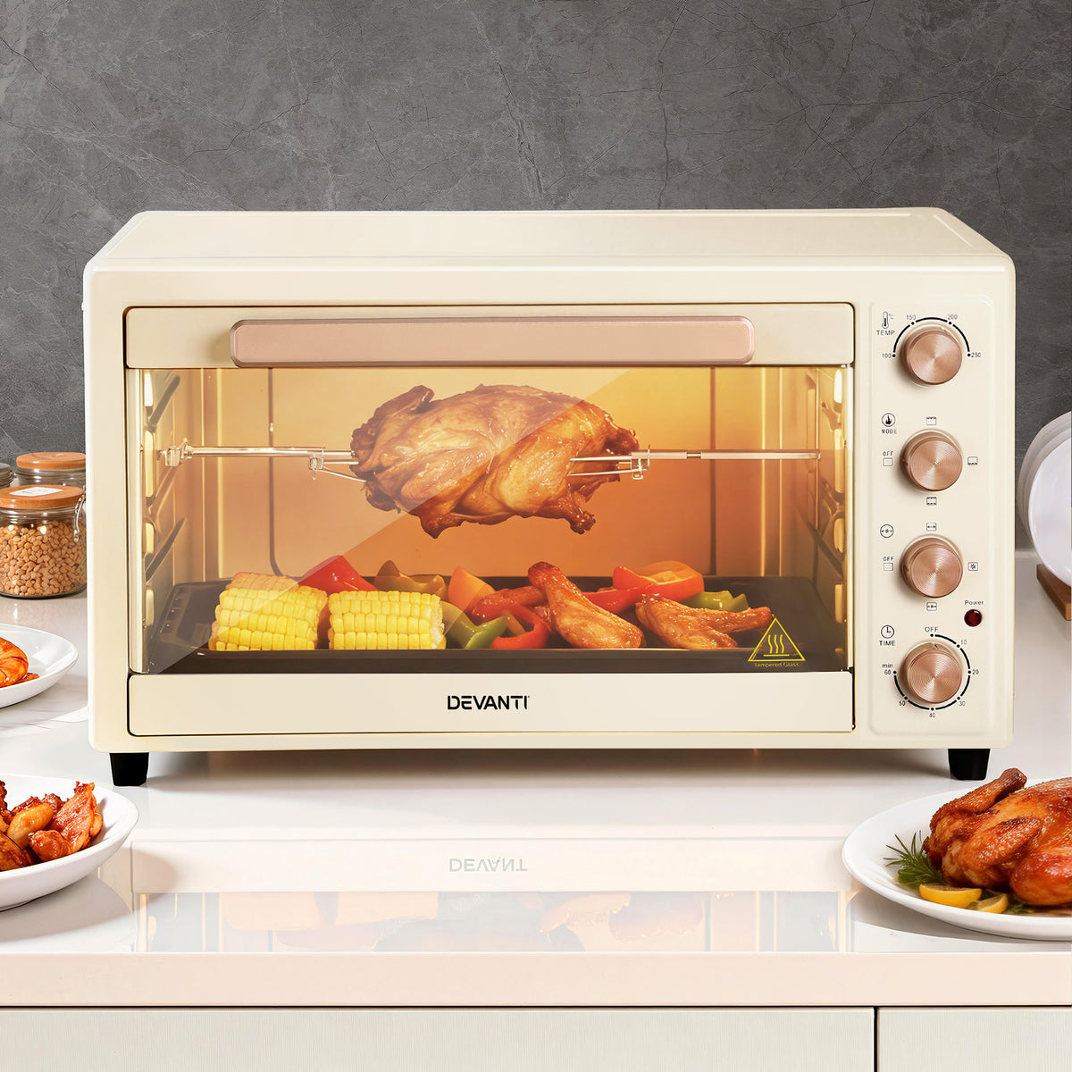 Devanti 60L Convection Oven Electric Fryer Ovens 2000W Cream - Flavour Fushion Cooking Shop