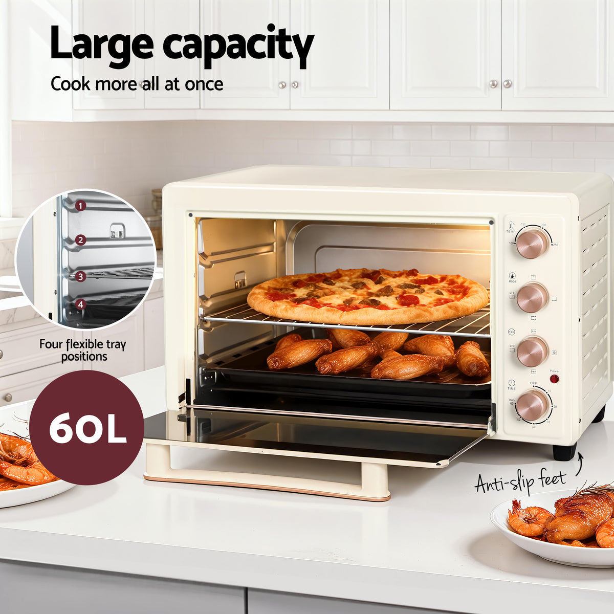 Devanti 60L Convection Oven Electric Fryer Ovens 2000W Cream - Flavour Fushion Cooking Shop