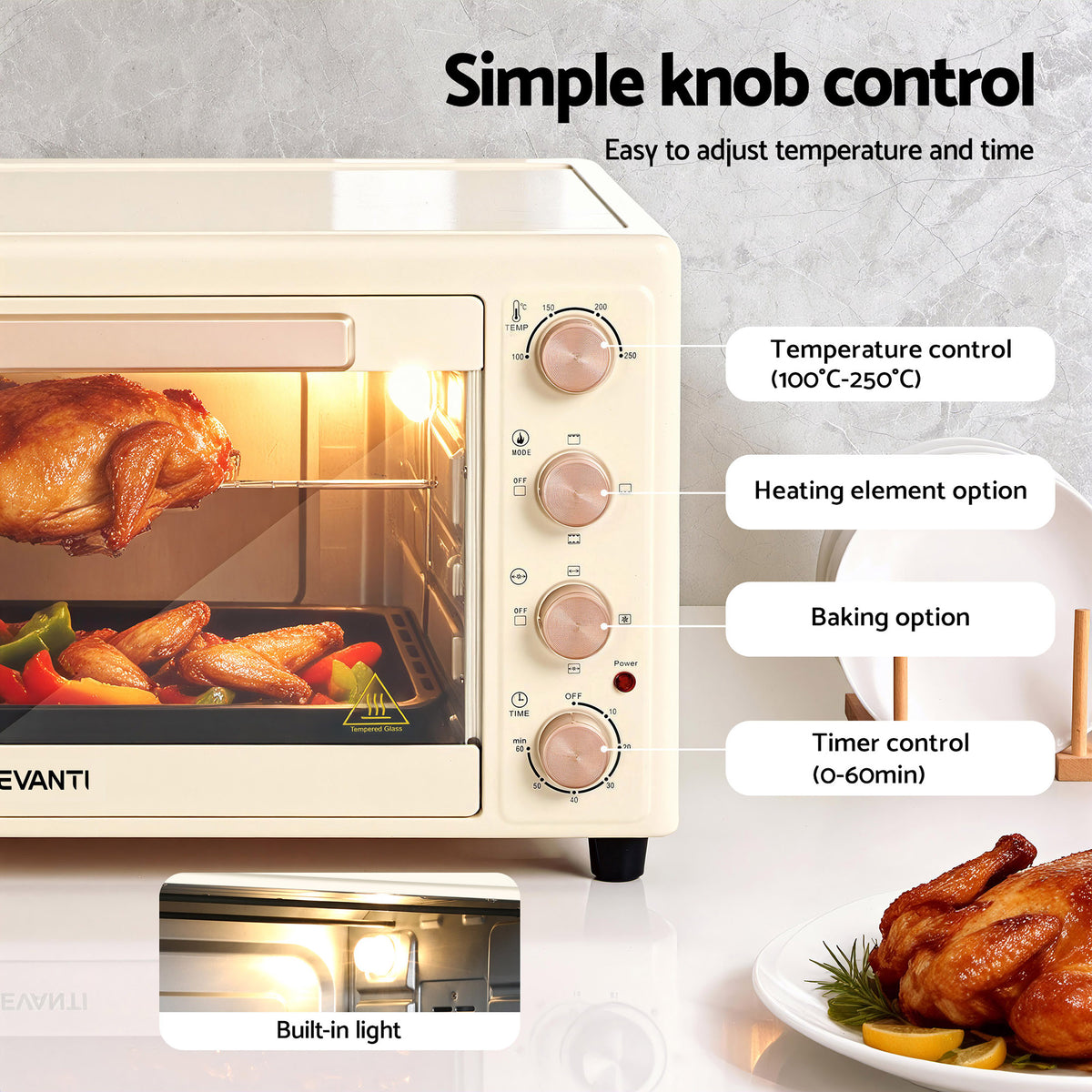 Devanti 60L Convection Oven Electric Fryer Ovens 2000W Cream - Flavour Fushion Cooking Shop