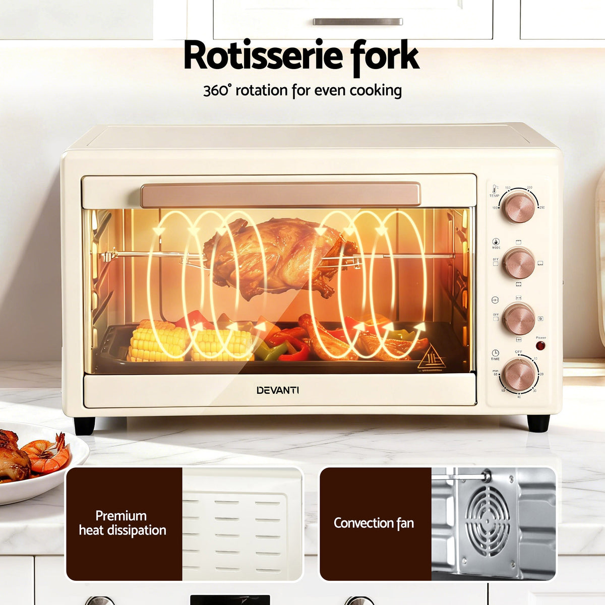 Devanti 60L Convection Oven Electric Fryer Ovens 2000W Cream - Flavour Fushion Cooking Shop