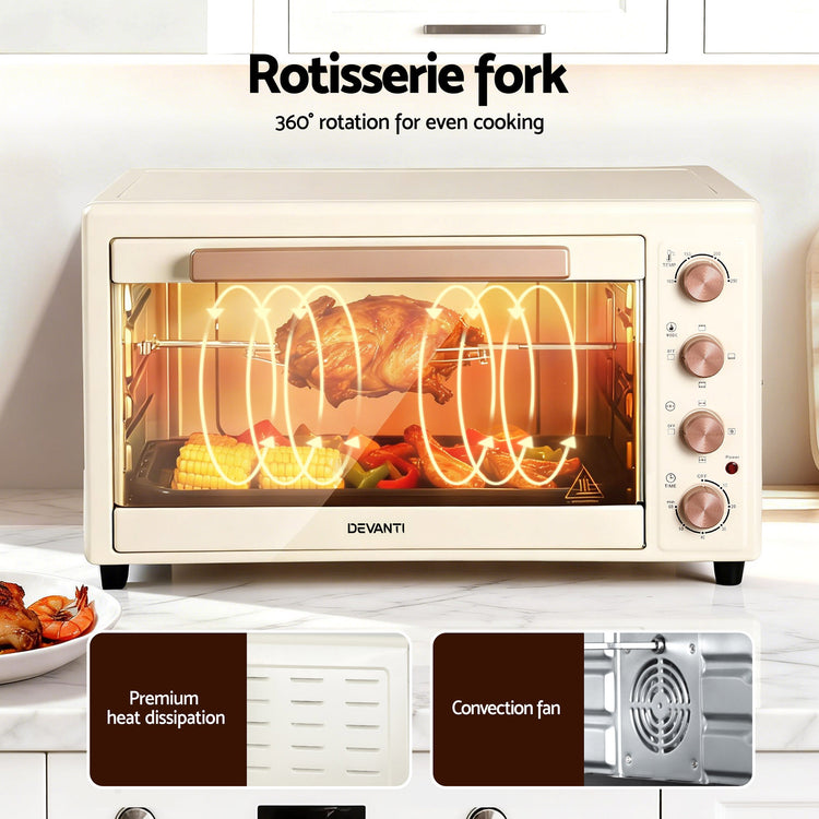 Devanti 60L Convection Oven Electric Fryer Ovens 2000W Cream - Flavour Fushion Cooking Shop