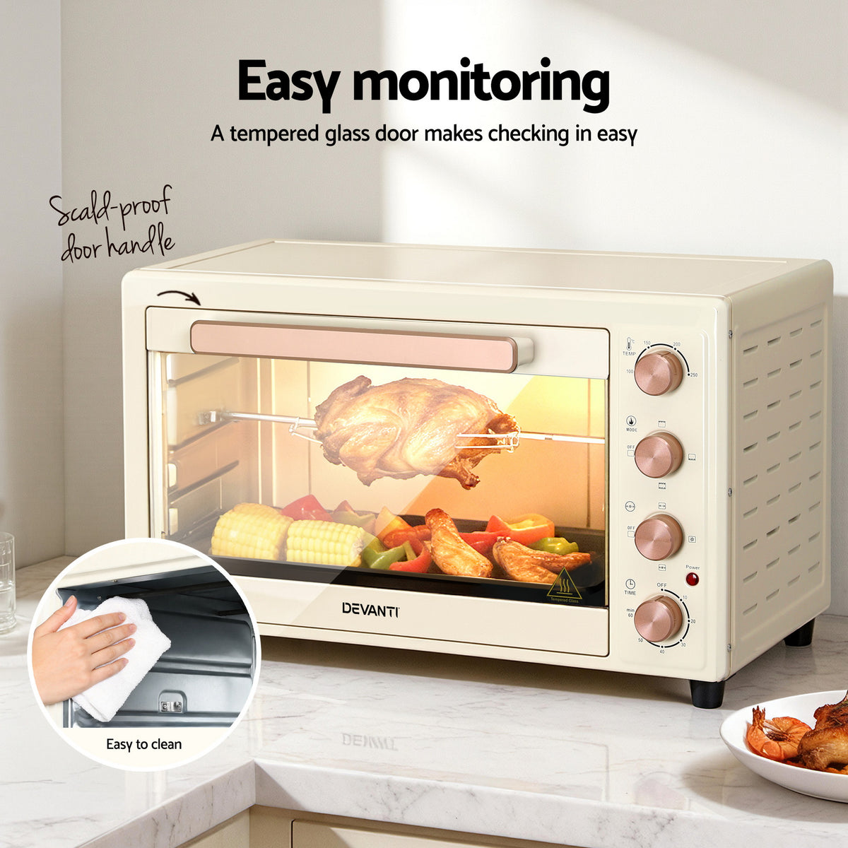 Devanti 60L Convection Oven Electric Fryer Ovens 2000W Cream - Flavour Fushion Cooking Shop