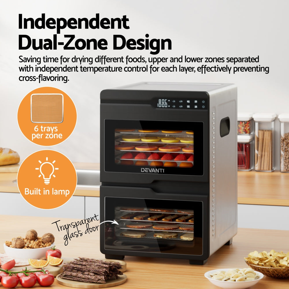 Devanti 12 Trays Food Dehydrator Dual-Zone Stainless Steel Fruit Jerky Dryer