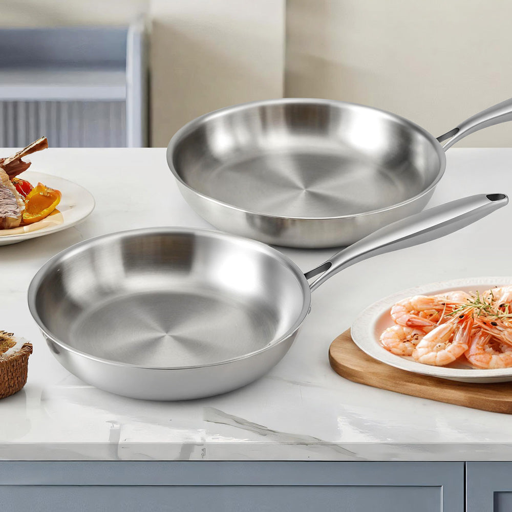 5-star Chef Frying Pan Stainless Steel Uncoated Twin Frypan Set 25/30cm Silver - Flavour Fushion Cooking Shop