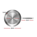 5-Star Chef 30cm Stainless Steel Frying Pan Uncoated Frypan with Tri-Ply Body Silver