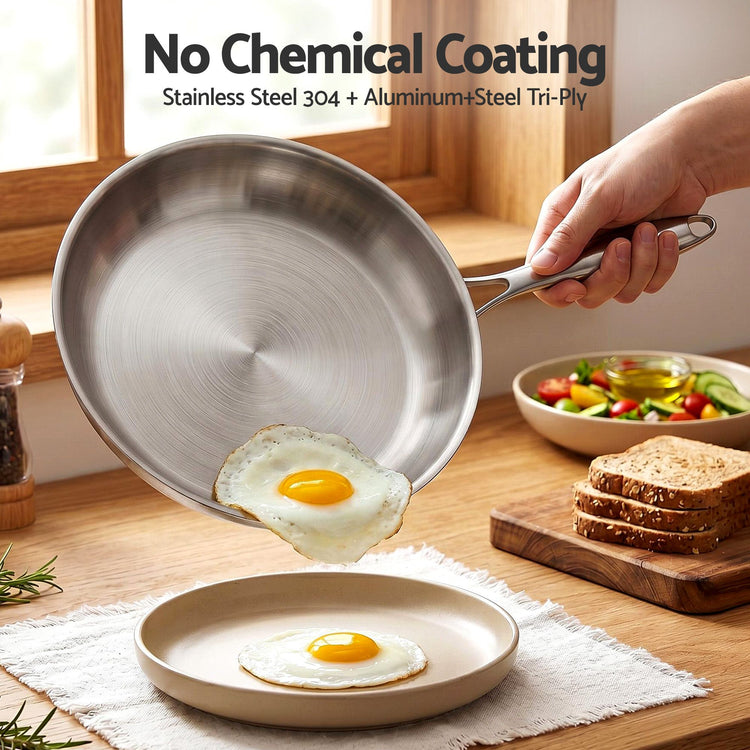5-Star Chef 30cm Stainless Steel Frying Pan Uncoated Frypan with Tri-Ply Body Silver - Flavour Fushion Cooking Shop