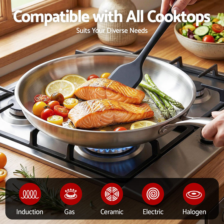 5-Star Chef 30cm Stainless Steel Frying Pan Uncoated Frypan with Tri-Ply Body Silver - Flavour Fushion Cooking Shop
