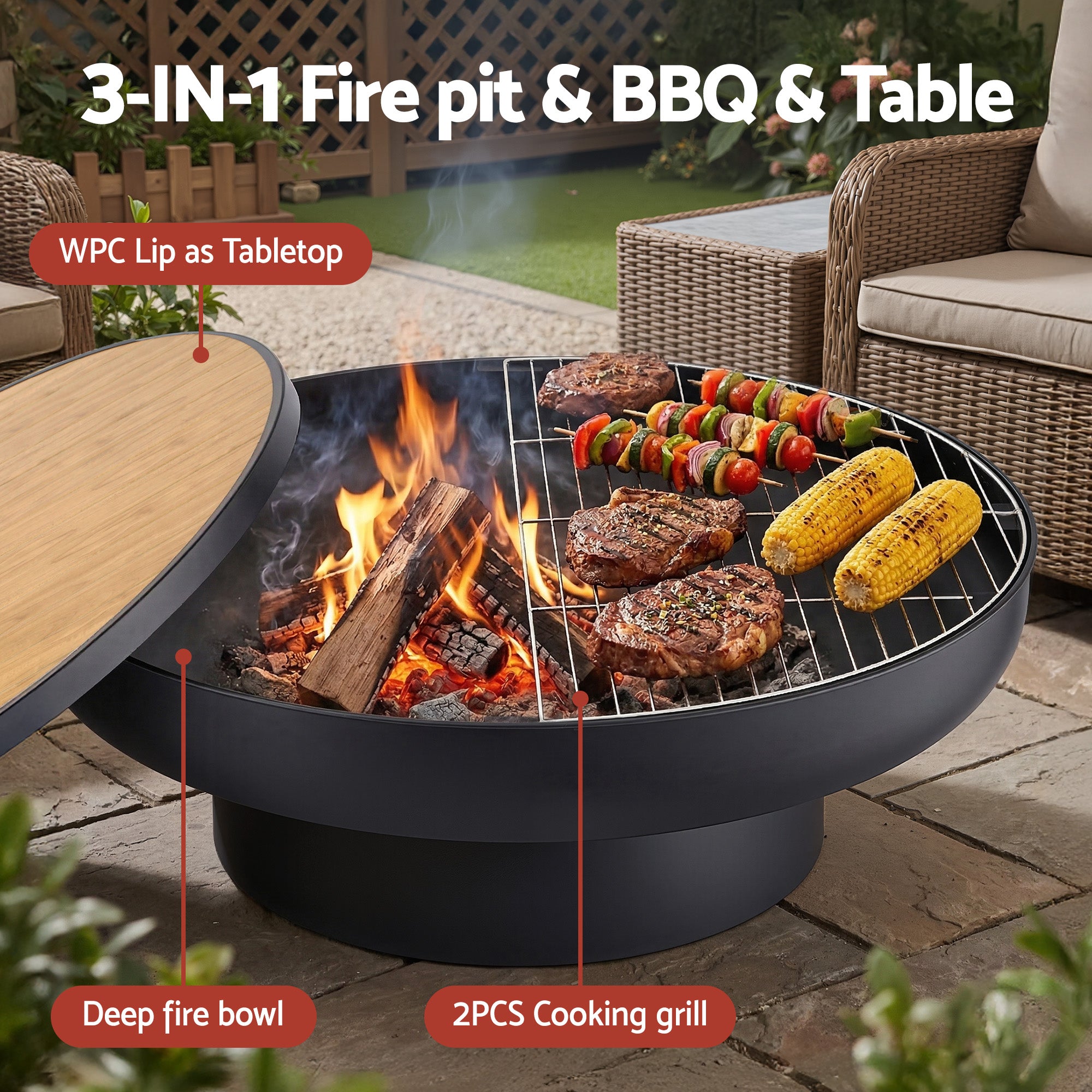 Grillz Fire Pit Table with Lid – 3-in-1 Wood Burning BBQ Grill