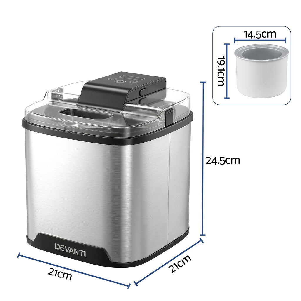 Devanti Ice Cream Maker Machine 2L Homemade Gelato Sorbet Frozen Drinks Sliver