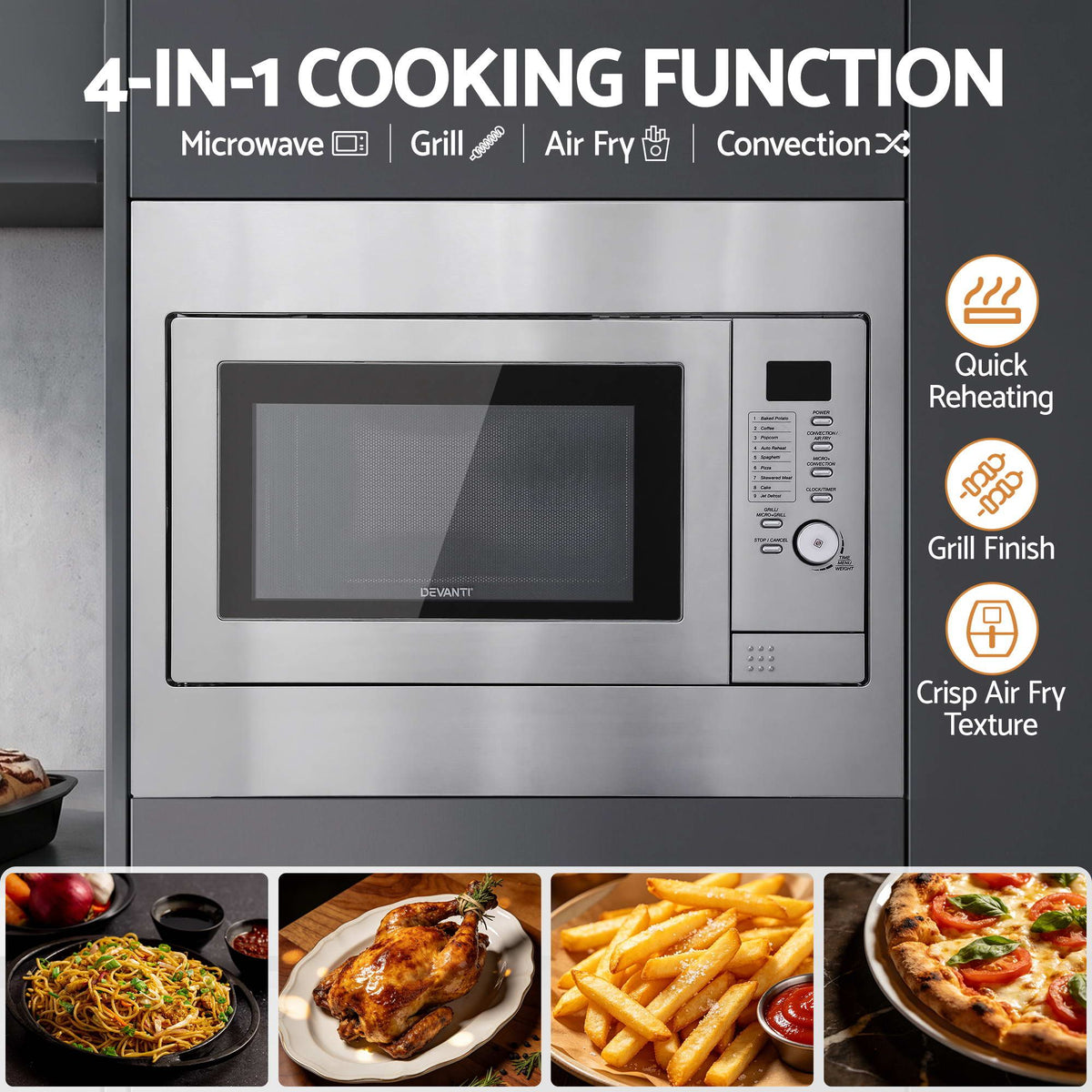 Devanti Built In Microwave Oven 30L Grill Air Fry Convection Silver - Flavour Fushion Cooking Shop