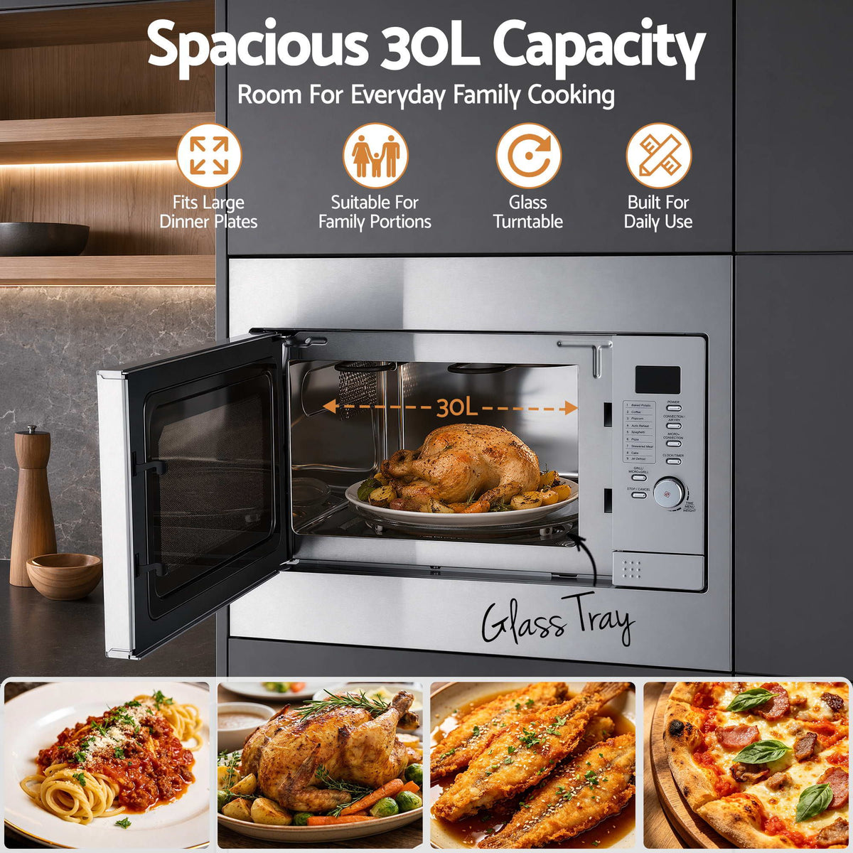 Devanti Built In Microwave Oven 30L Grill Air Fry Convection Silver - Flavour Fushion Cooking Shop