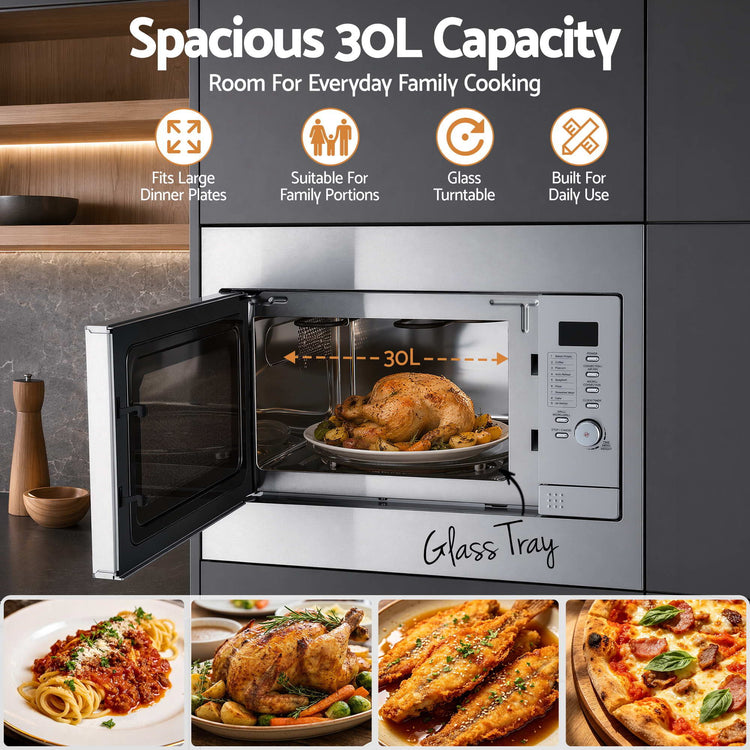 Devanti Built In Microwave Oven 30L Grill Air Fry Convection Silver - Flavour Fushion Cooking Shop