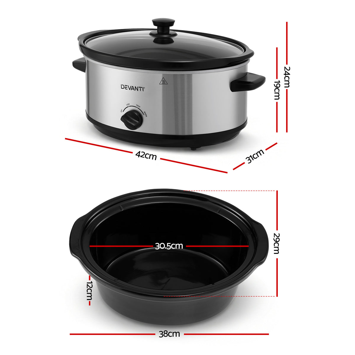 Devanti 6.5L Slow Cooker Electric Multi Cooker with 3 Heat Settings and Keep Warm Function - Flavour Fushion Cooking Shop