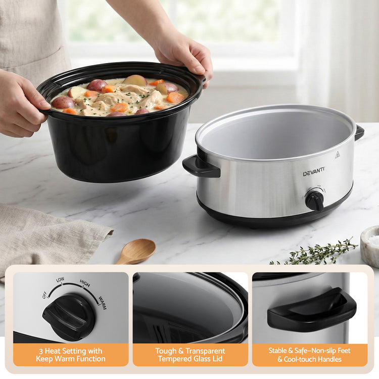 Devanti 6.5L Slow Cooker Electric Multi Cooker with 3 Heat Settings and Keep Warm Function - Flavour Fushion Cooking Shop