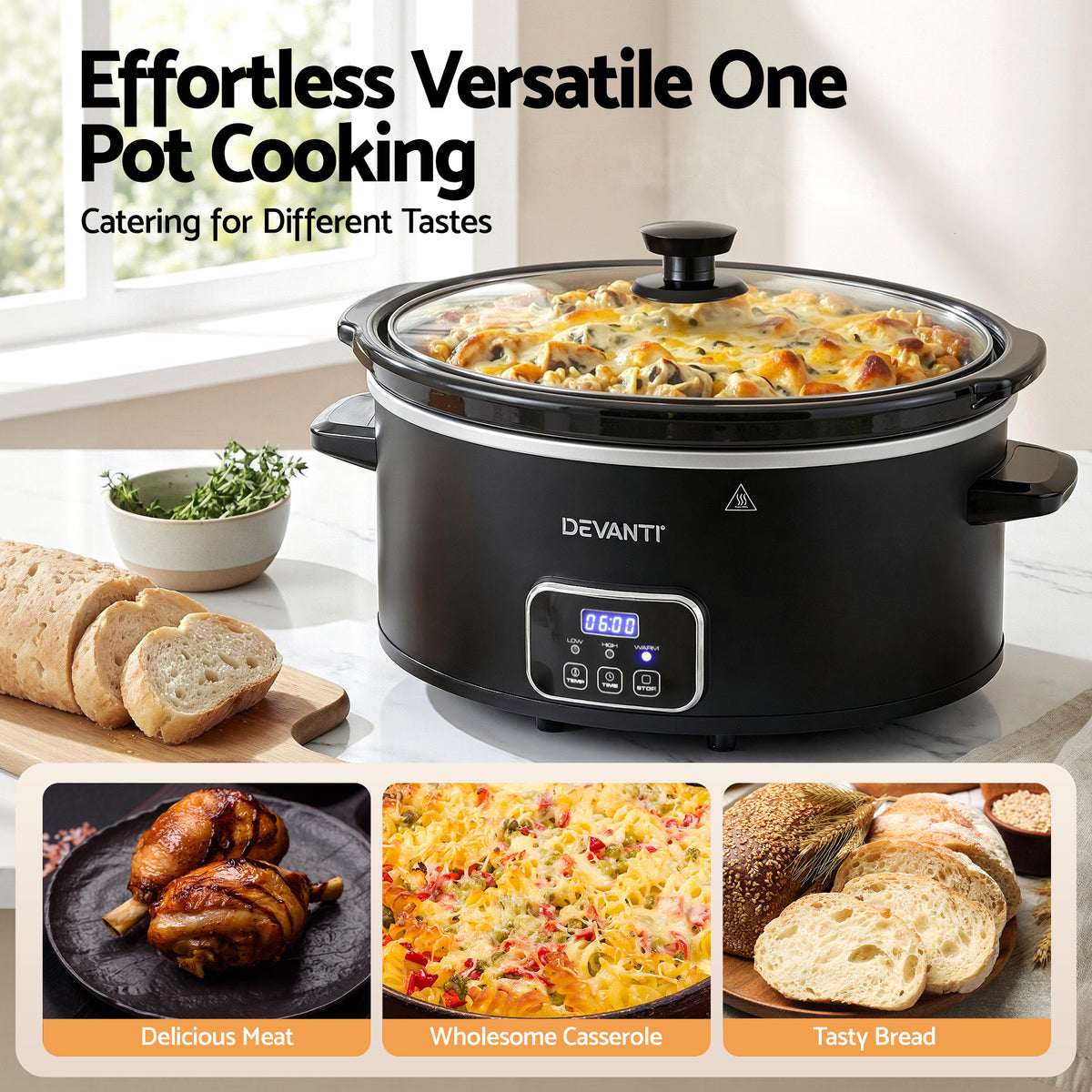 Devanti 5.6L Slow Cooker Electric Multi Cooker with 3 Heat Settings and Keep Warm Function - Flavour Fushion Cooking Shop