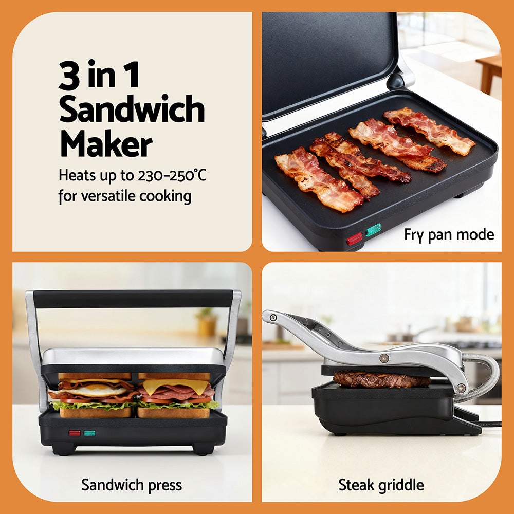 Devanti 3 in 1 Sandwich Maker Steak Press Grill 1000W - Flavour Fushion Cooking Shop