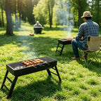 Portable foldable barbecue grill with adjustable height and built-in side rack - heavy-duty metal outdoor