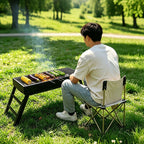 Portable foldable barbecue grill with adjustable height and built-in side rack - heavy-duty metal outdoor