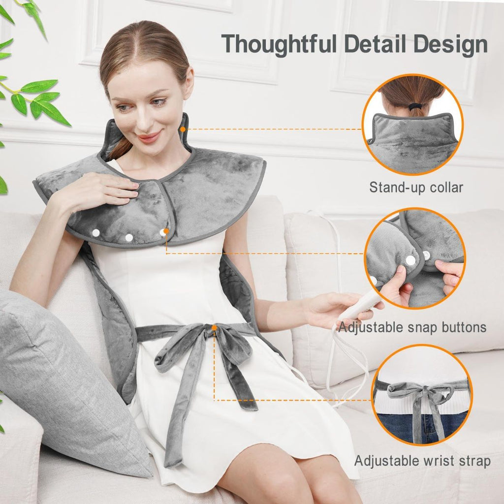 Fast Heating Electric Heating Pad for Neck and Shoulder and Back with 6 Heating Settings & 4 Timer, Large Size Heated Wrap with Auto Shut Off & Machine Washable (Silver Gray, 37x24 inch)