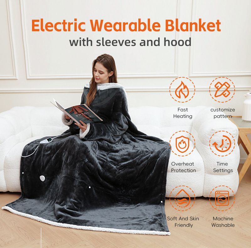 Wearable Heated Blanket Portable with Sleeves & Foot Pocket - Electric Snuggle Throw Blanket, 8 Heat Settings, 1-12H Auto Shut-Off, 50"x70"+14" Electric Blanket, for Her/Him/Family