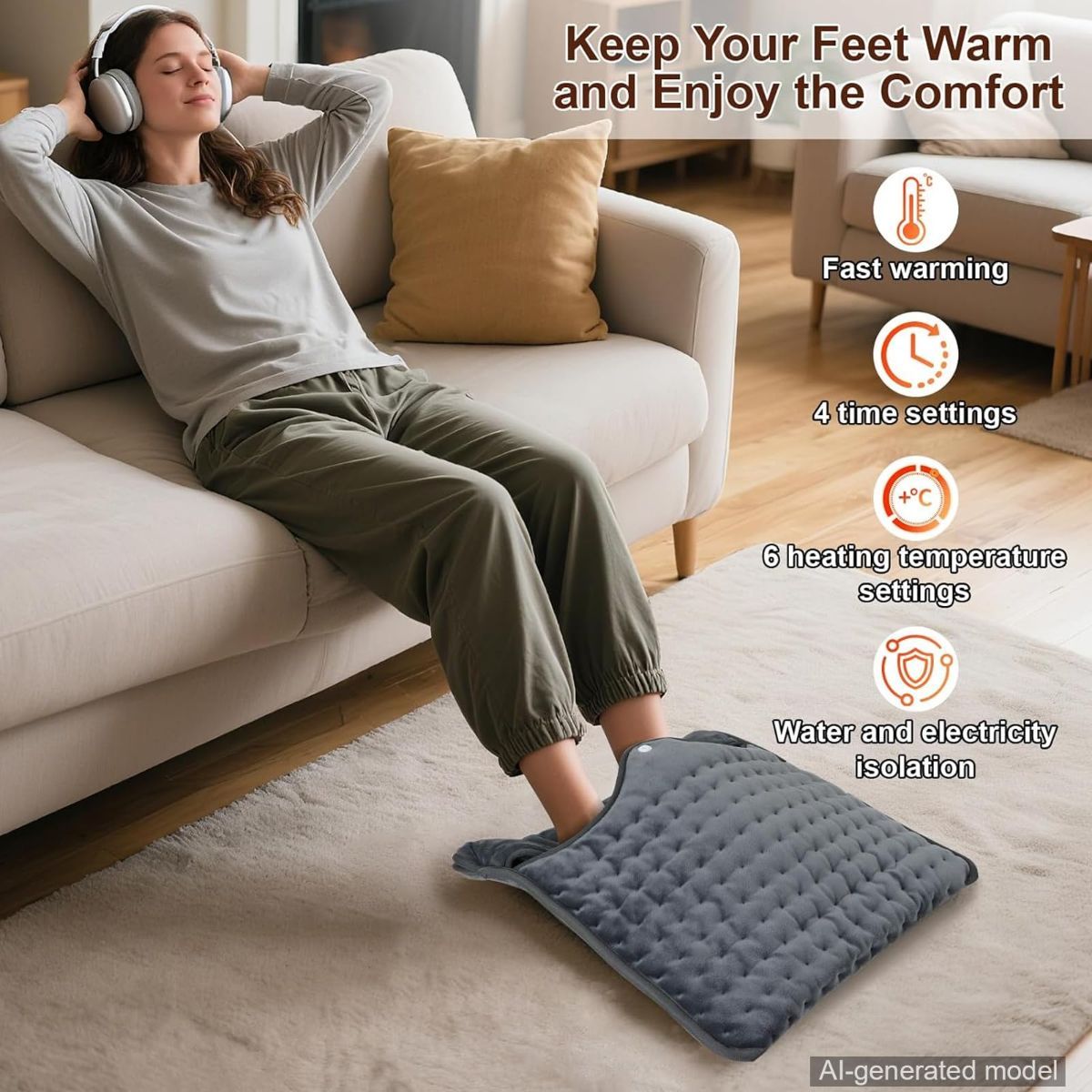Electric Heated Foot Warmers for Men and Women 16"x16" Double Layer with 6 Temperature & 4 Timer Settings Fast Heating for Home Office Under Desk Bed Machine Washable Feet Warmers - Dark Gray - Size 16in*16in
