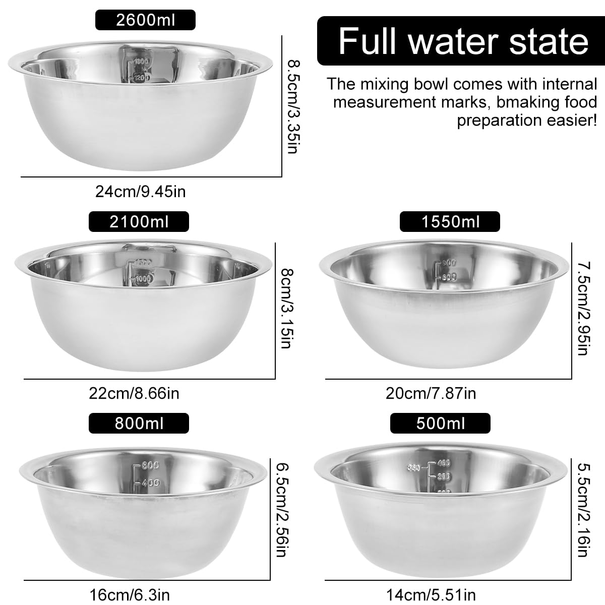 5-Piece Stainless Steel Mixing Bowl Set for Baking, Salad, Dough & Food Prep – Nesting Design with Measurement Marks and Durable Finish (Silver)