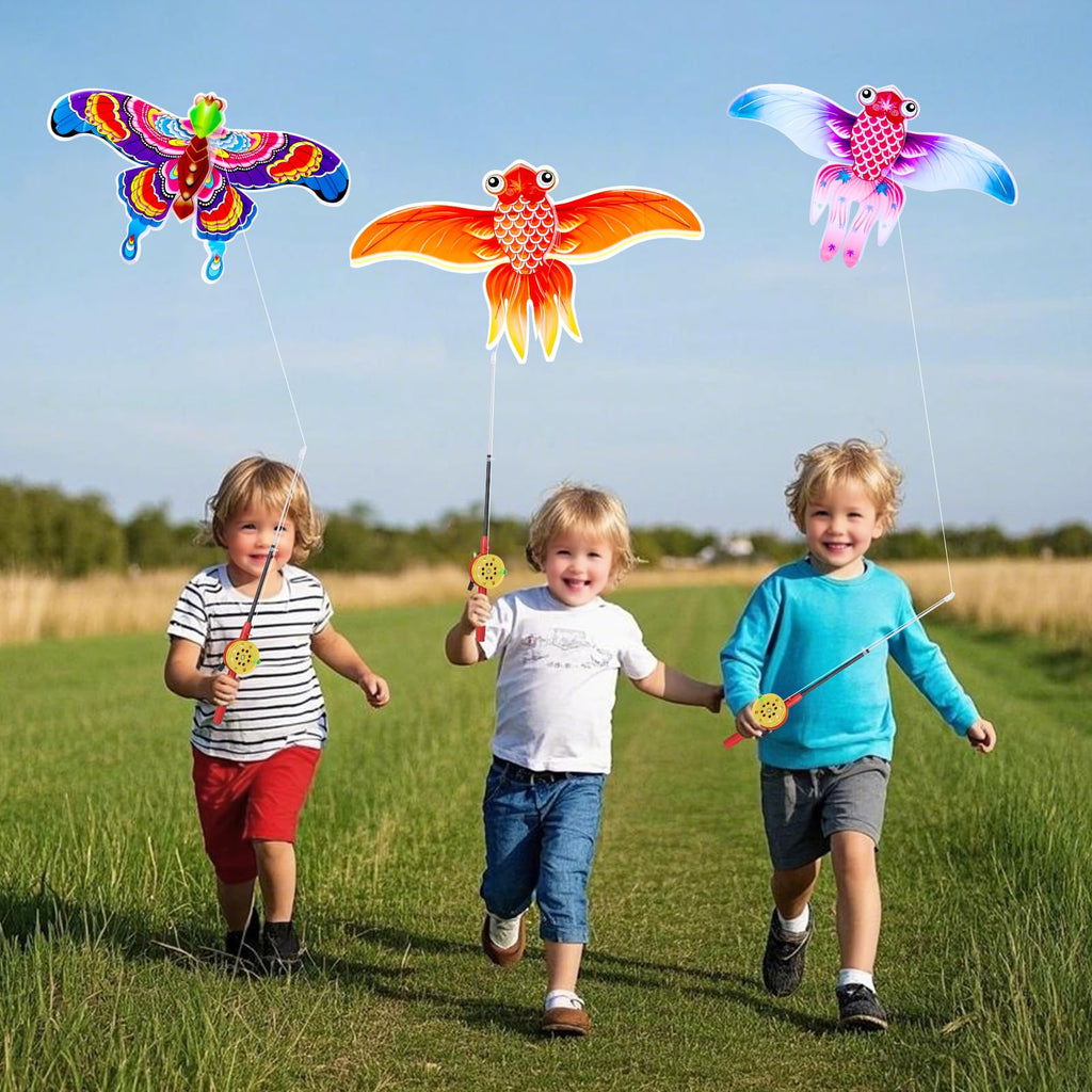 Kids’ Mini Fishing-Rod Kite Set –  3-Pack Fish Designs, Easy-Grip Reel Handle, Adjustable Line, Lightweight & Durable for Outdoor Play, Perfect for Beginners Ages 3–8, Encourages Active Fun and Family Bonding (Multicolor)