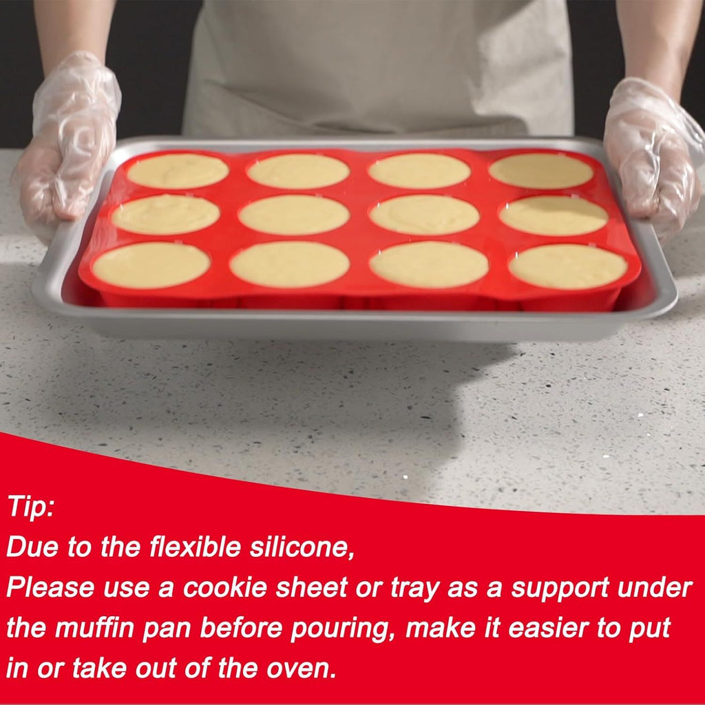 2-Pack 12-Cup Silicone Muffin Pans for Baking Cupcakes, Mini Cakes, and Snacks—Flexible Design with Rounded Cups, Oven-Safe Construction, and Easy Handling—Ideal for Home Bakers and Family Cooking Sessions (Red)