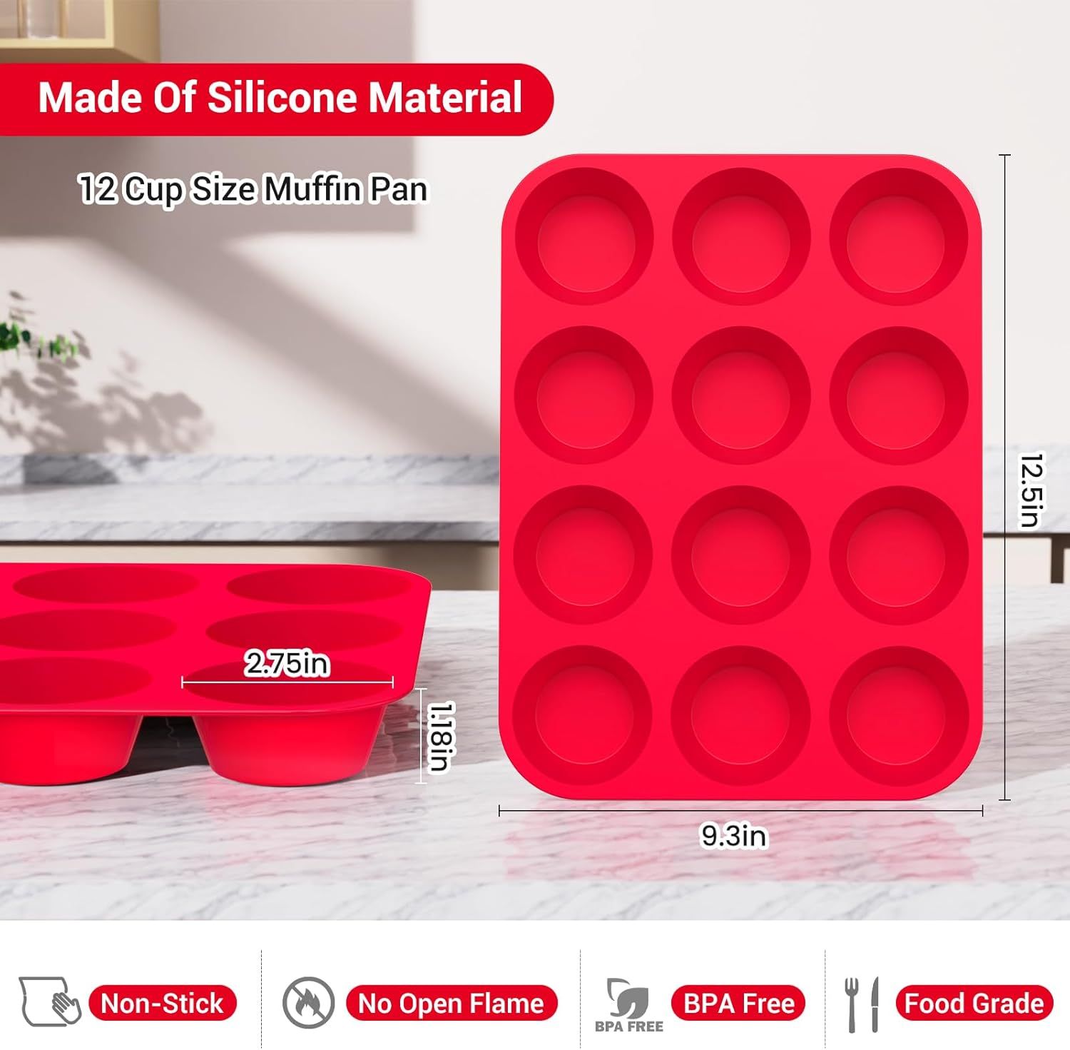 2-Pack 12-Cup Silicone Muffin Pans for Baking Cupcakes, Mini Cakes, and Snacks—Flexible Design with Rounded Cups, Oven-Safe Construction, and Easy Handling—Ideal for Home Bakers and Family Cooking Sessions (Red)