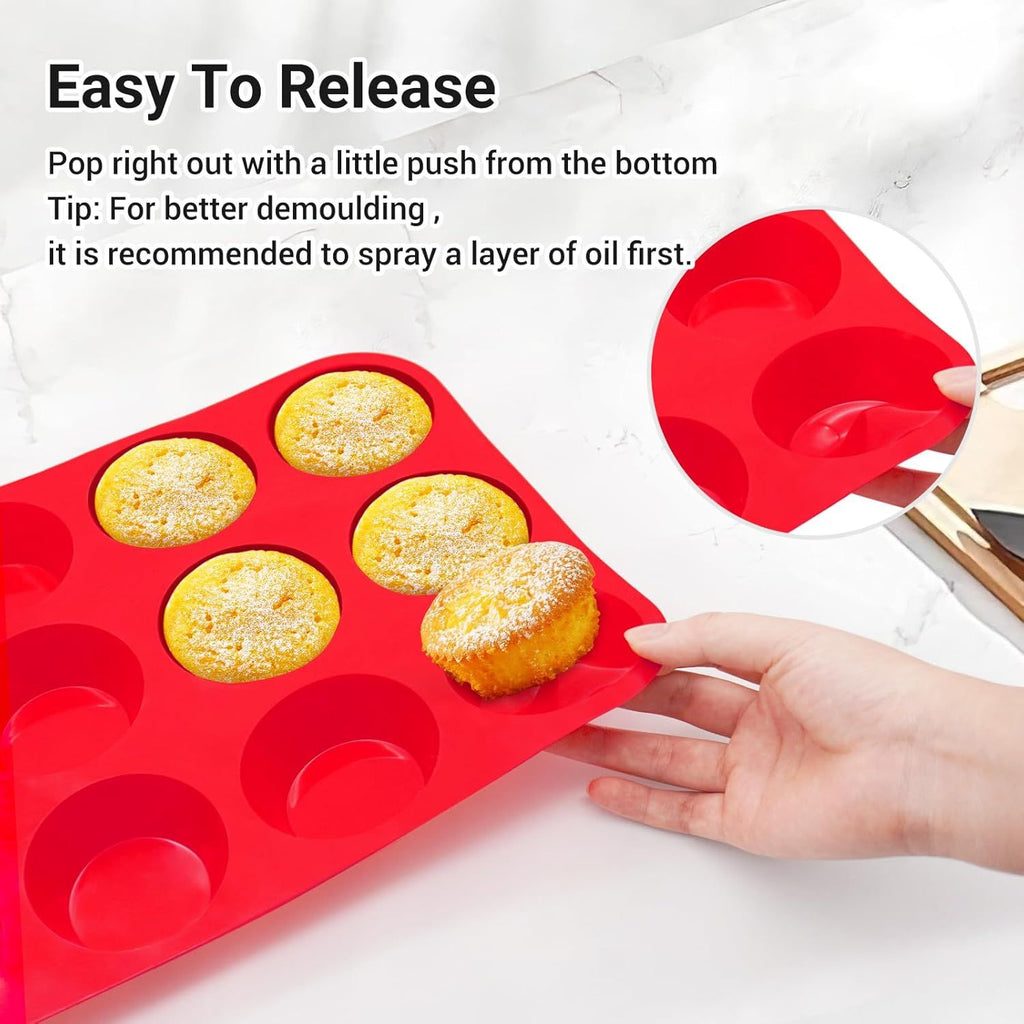 2-Pack 12-Cup Silicone Muffin Pans for Baking Cupcakes, Mini Cakes, and Snacks—Flexible Design with Rounded Cups, Oven-Safe Construction, and Easy Handling—Ideal for Home Bakers and Family Cooking Sessions (Red)