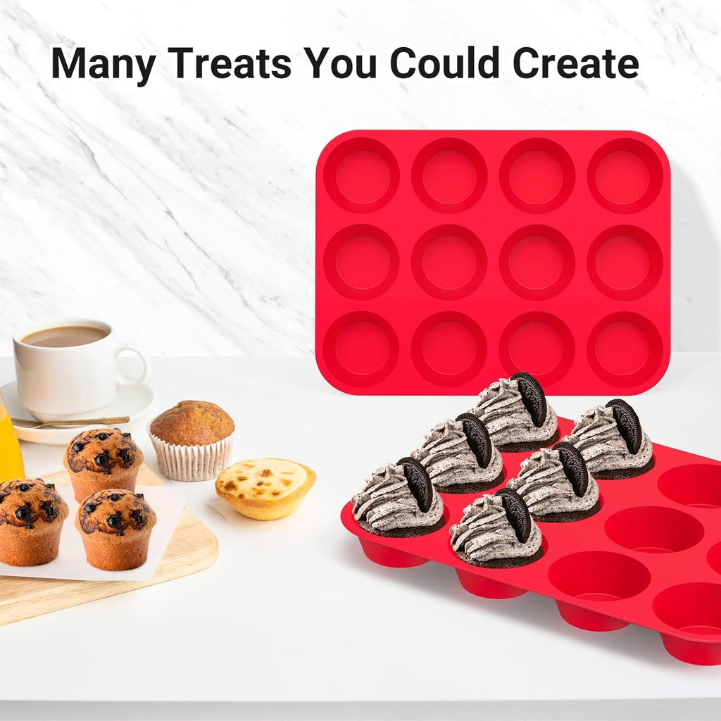 2-Pack 12-Cup Silicone Muffin Pans for Baking Cupcakes, Mini Cakes, and Snacks—Flexible Design with Rounded Cups, Oven-Safe Construction, and Easy Handling—Ideal for Home Bakers and Family Cooking Sessions (Red)
